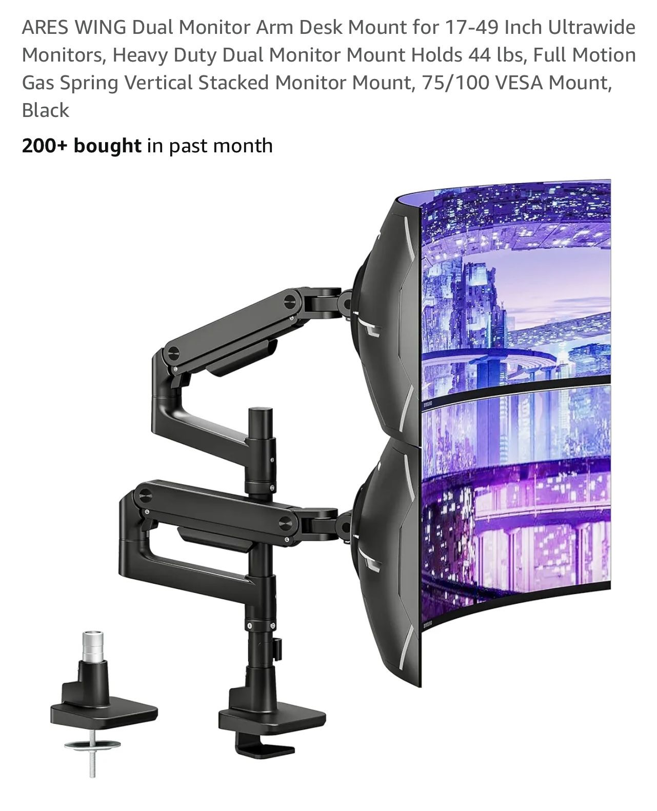 ARES WING Dual Monitor Arm Desk Mount for 17-49 Inch Ultrawide Monitors, Heavy Duty Dual Monitor Mount Holds 44 lbs, Full Motion Gas Spring Vertical S
