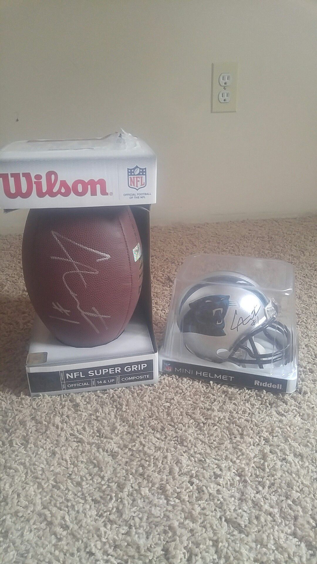 NFL Authentic Can Newton Signed Football and mini helmet
