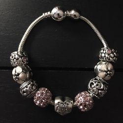 7.5 Inch Sterling Silver Plated Charm Bracelet with Swarovski Crystal Antique Silver Beads/ Hot New 2023 Fashion Designer Jewelry