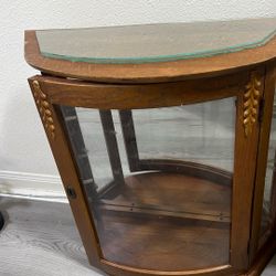 Antique Cabinet With Key Wood Curved Glass 24x24x 9”