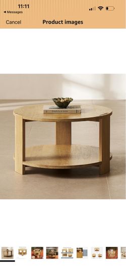 mopio Logan Solid Wood 2-Tier Round Coffee Table, Modern Farmhouse Solid Rubberwood with Light Wire Brush Rectangle Shaped Leg