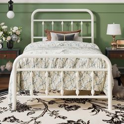 SHA CERLIN Twin Metal Bed Frame with Victorian Iron-Art Headboard, Cream