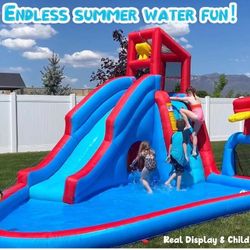AKEYDIY Water Slide Inflatable Pouring Fun Water Bounce House Park for Kids Backyard Outdoor Fun with Blower, Blow up Water Slide Castle w/Climbing Wa