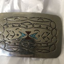 American Indian silver crushed turquoise and Coral  Inlay belt buckle