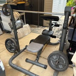 Solid Heavy Duty Bench With Olympic Barbell And Weights