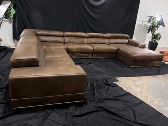 Large Brown Leather Sectional Sofa with Chaise