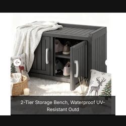  2-Tier Storage Bench, Waterproof UV-Resistant Outdoor Shoe Storage Cabinet with 2 Doors & Adjustable Shelves for Indoor Outdoor Entryway, Hallway