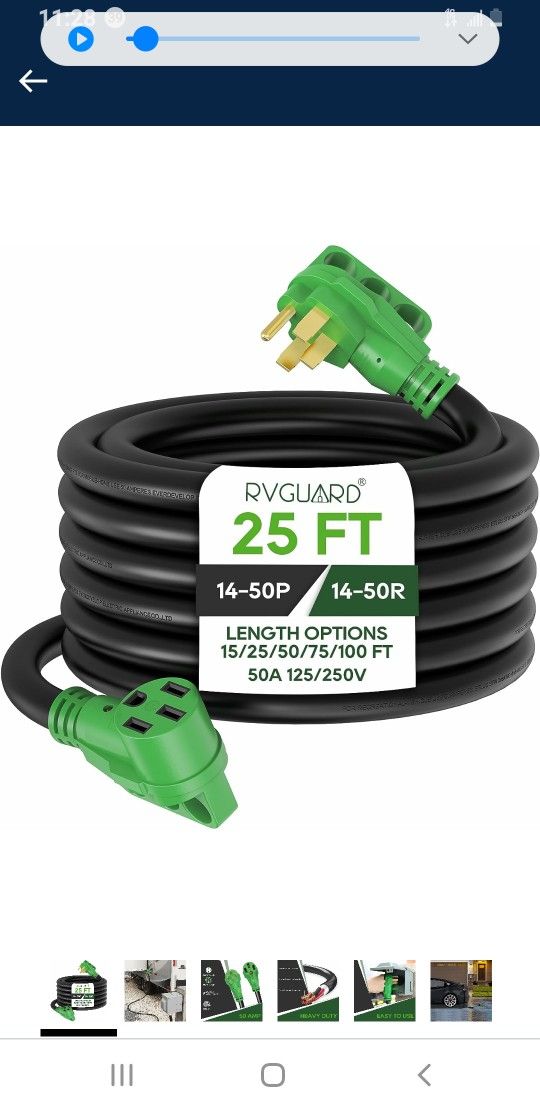 RVGUARD 50 Amp 25 Foot RV/EV Extension Cord, NEMA 14-50 Heavy Duty Extension Cord with LED Power Indicator and Cord Organizer, Green, ETL ListedÂ