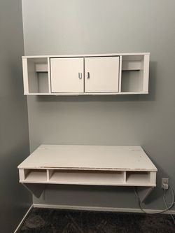 White Wall-Mounted Floating Desk with Storage Cabinet
