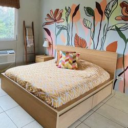 Platform bed with 2 large storage drawers, queen mattress, nightstand, lamp and comforter set