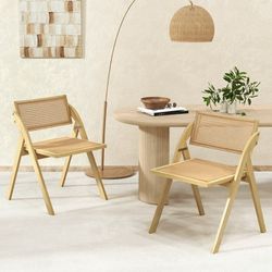New Set of 2 Costway Foldable Dining Chairs with Woven Rattan Backrest & Seat in Natural Wood Frame