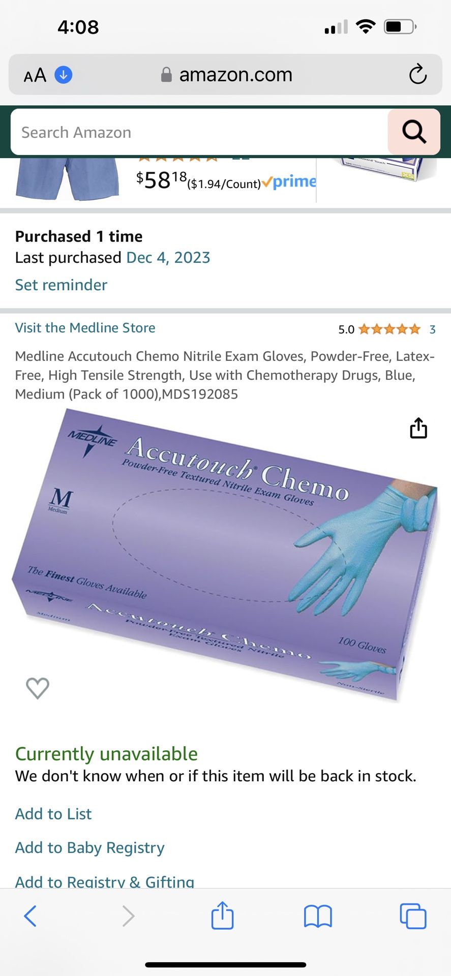 Medline Accutouch Chemo Nitrile Exam Gloves, PowderFree, LatexFree