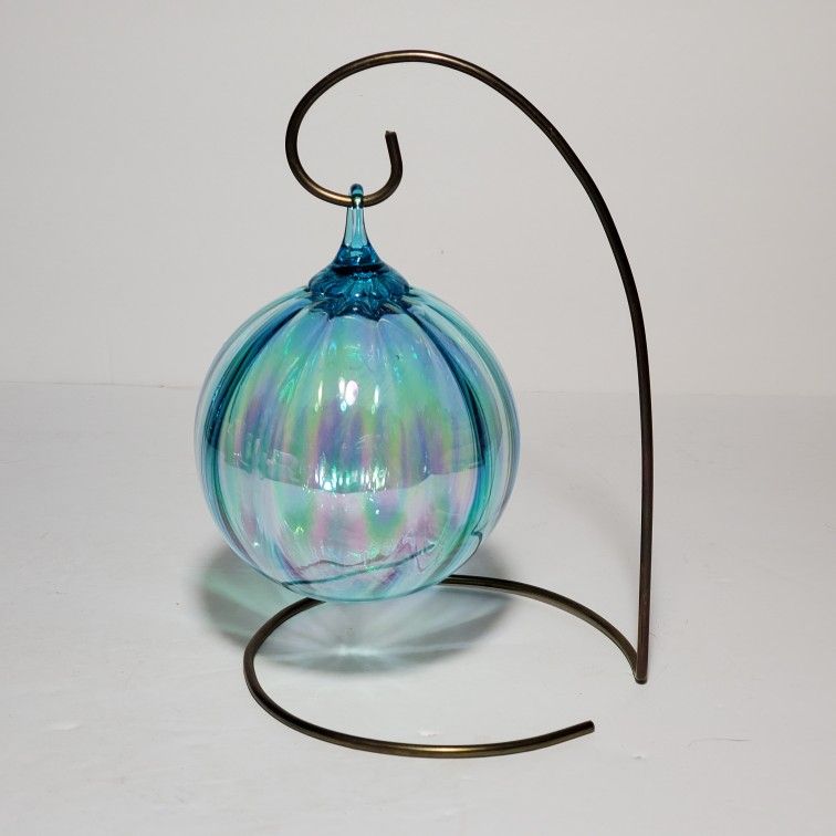 Hand Blown Glass Ornament with Stand Blue Iridescent