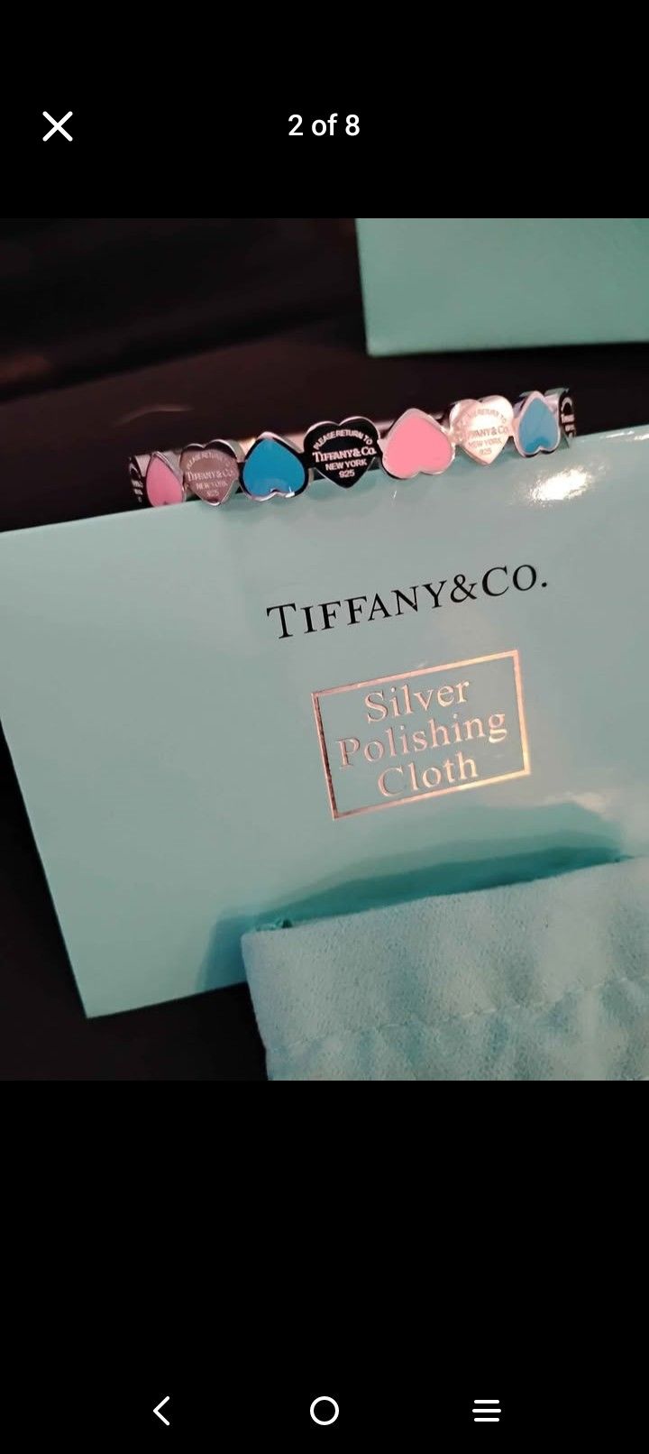 Silver Heart Shaped Tiffany Bracelet (w/Pink And Blue Accents)