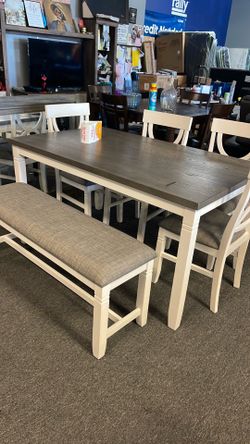 Farmhouse grey and white dining set 6pc dinette 4chairs table and bench NEW