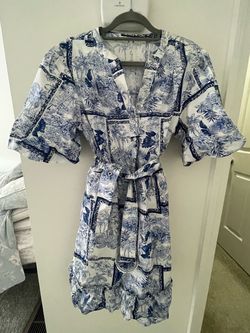 Blue & White Tropical Print Belted Dress