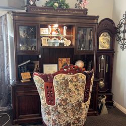 Beautiful oak wood desk and grandfather clock