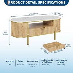 Modern Oval Coffee Table with Storage Organizer, 48" Wood Fluted Center Table for Living Room Office, Coffee Tables with Drawer, Shelf, Faux Marble To