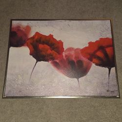 Red Floral Flowers Painting Framed Artwork Wall Decor Roses Poppy Flowers Red Tulips