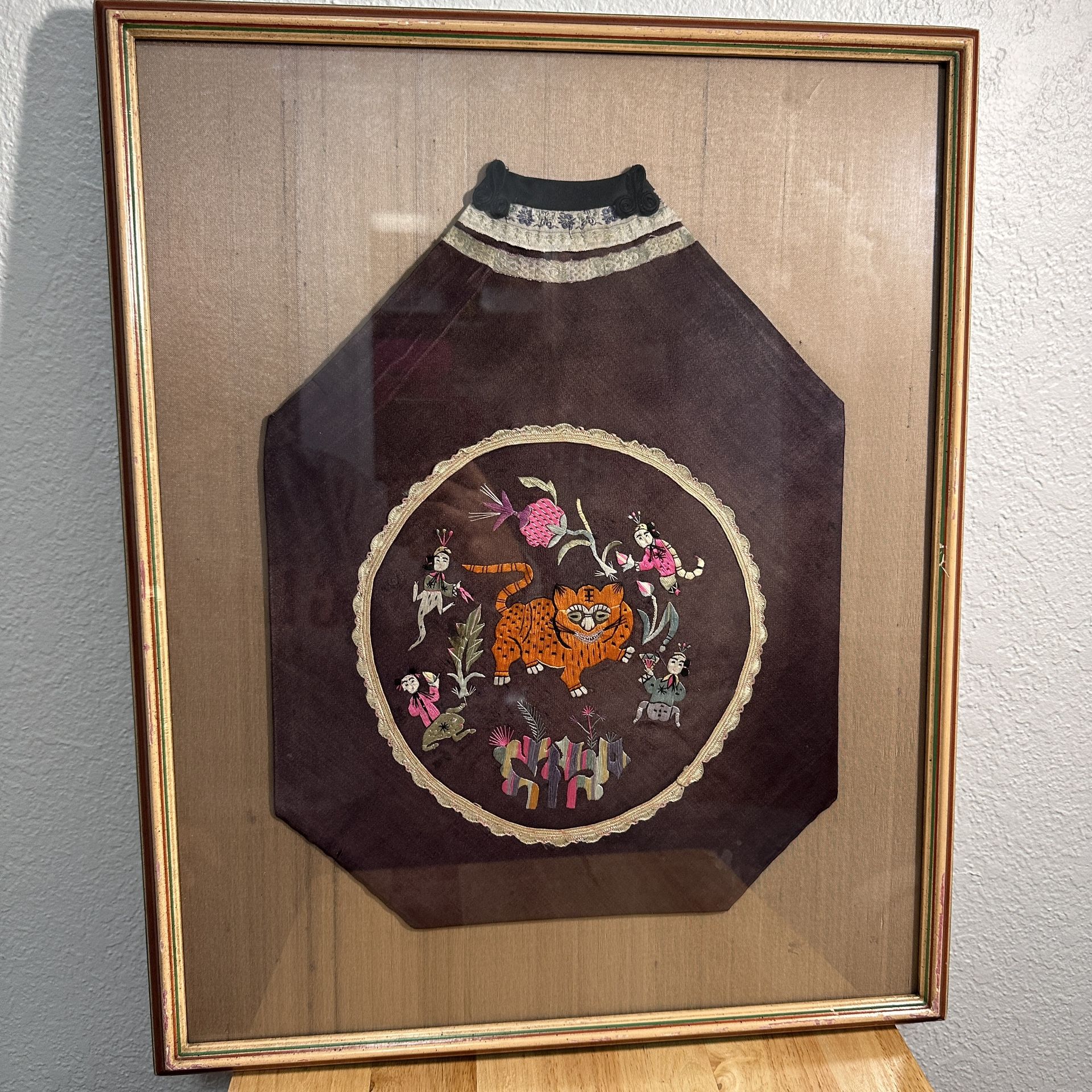 Vintage Chinese Silk Stitched Child’s Bib Tiger Embroidery Embroidered