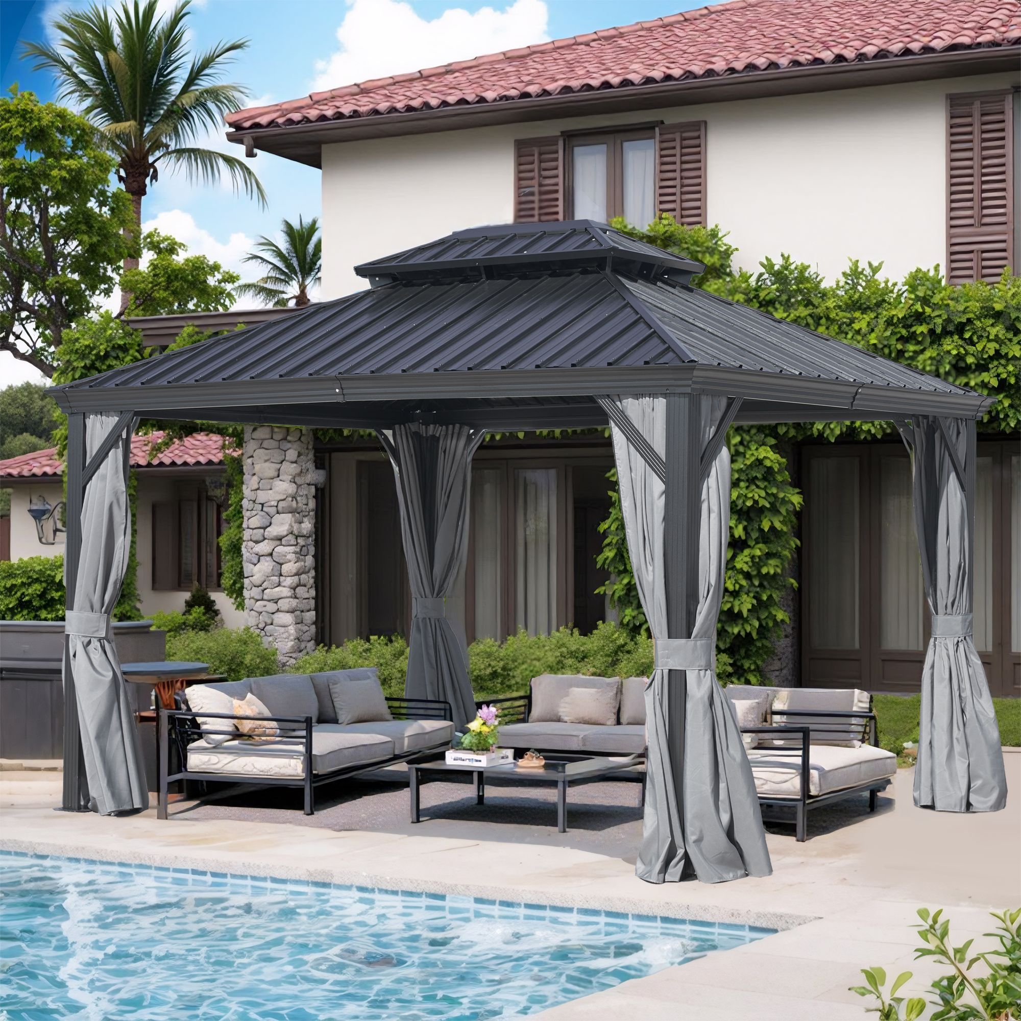 12' X 16' Hardtop Gazebo with Galvanized Steel Double Roof Sturdy Aluminum Frame Curtains and Netting for Patio Lawn and Garden