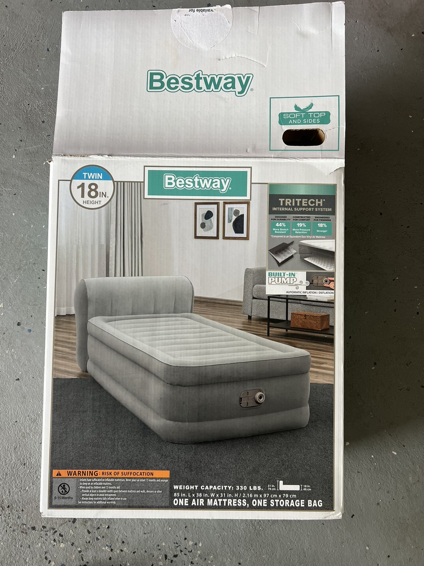 Bestway Headboard Tritech Air Mattress Twin 18" with built-in AC pump