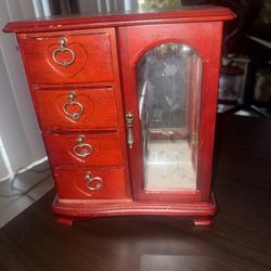 Red Wooden Jewelry Box w/ Drawers & Glass Door