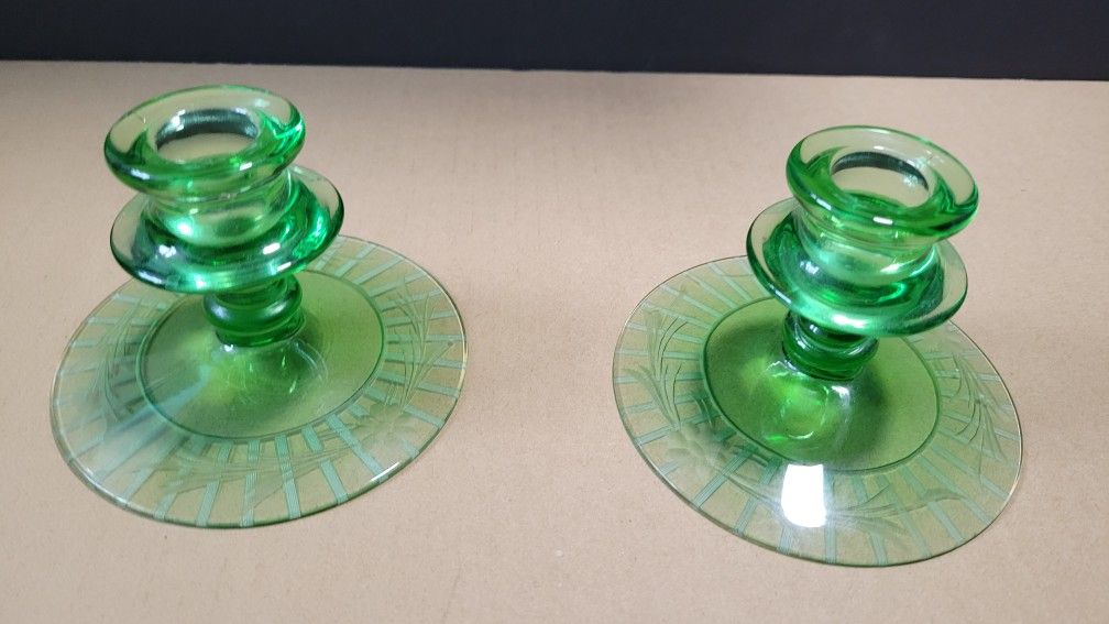 Vintage Depression Uranium Vaseline Candlesticks With Floral Etching