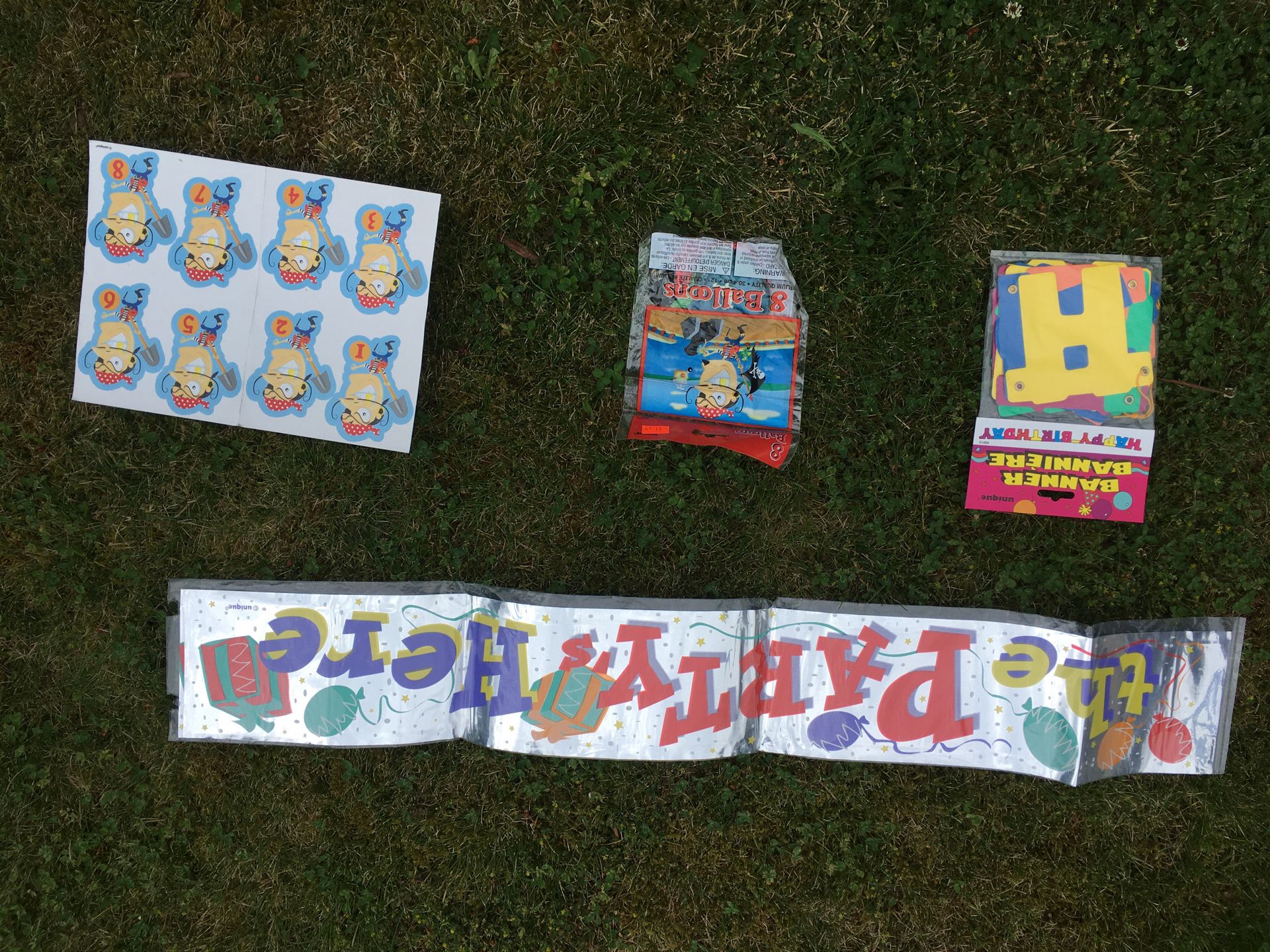 Never opened brand new pirate birthday set. The party’s here sign, Happy birthday Banner, 8 pirate balloons and 8 pirate stickers.
