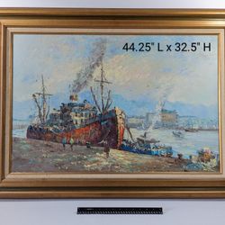 XL Framed Palette Knife Impressionism Oil Painting Massive Ship in Harbor