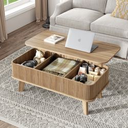 Fluted Lift Top Coffee Table with Hidden Compartment, Fully Assembled Wooden Center Table, Modern