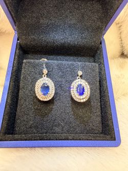 Stunning Bright Blue Sapphire Double Diamond Halo dangle earrings