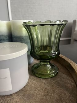 Vintage 1970's Avocado Green Glass Vase 6" tall