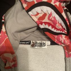 Gray Pink Shark Hoodie Bape Double Zipper Sweater 