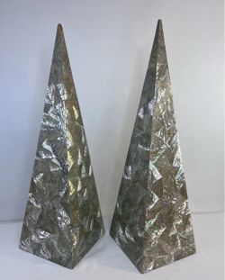 Pair Of Vintage 1970's Mother of Pearl Obelisk Abalone Pyramid Statue Sculptures