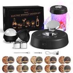 Electric Whiskey Smoker Kit with 7 Light Modes,Rechargeable Cocktail Smoker with 10 Natural Wood Chips,Food-Grade Stainless Steel Ice Cubes & Mold,Bir
