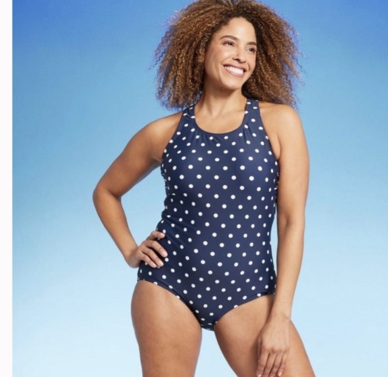 Lands' End Full Coverage Polka Dot High Neck Tugless One Piece Swimsuit new