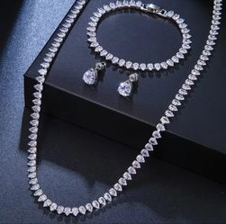 3-Pcs Sparkling Teardrop 14K White Gold-Plated Cubic Zirconia Tennis Necklace, Bracelet & Earrings Set,  Valentine's Gift 