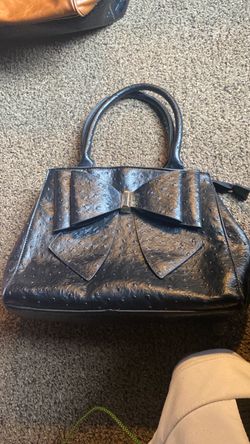 Black Ostrich-Embossed Handbag with Bow Detail