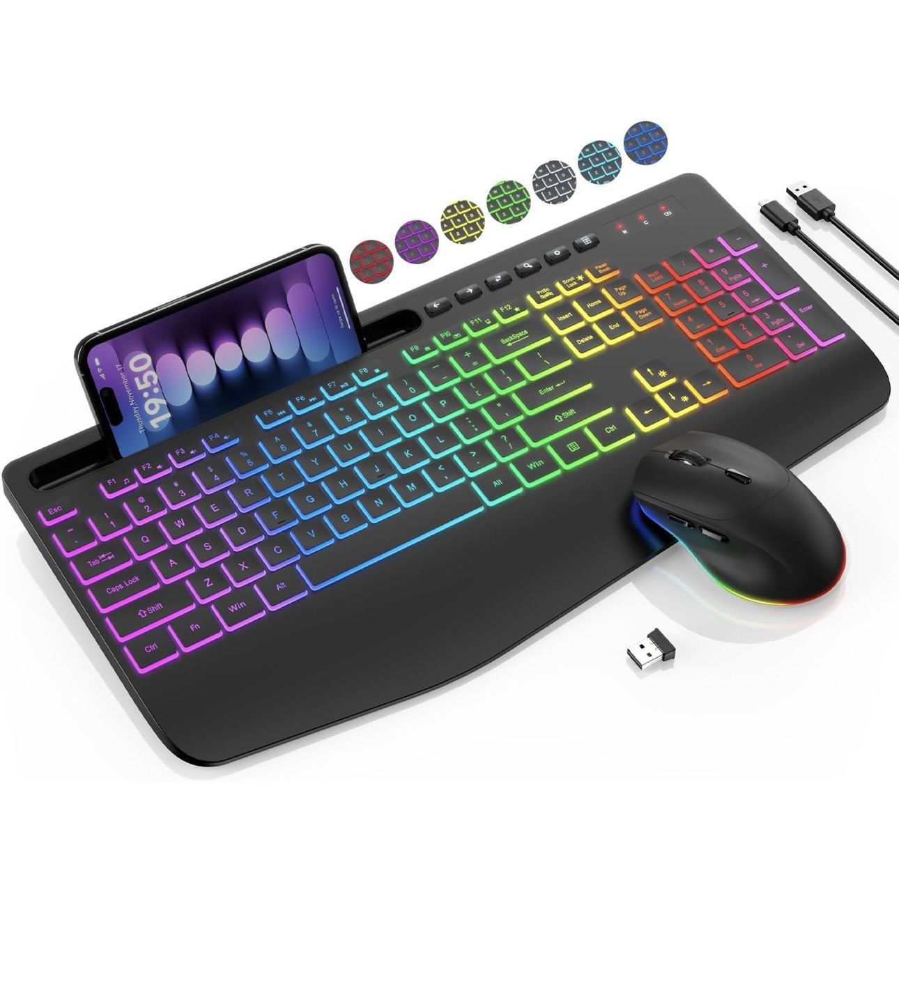 Wireless Keyboard and Mouse Combo - 9 Backlit Effects, RGB, Ergonomic Wrist Rest, Phone Holder, 2.4G Full Size, Rechargeable, Sleep Mode, Quiet Keyboa