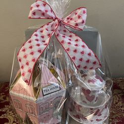  Gift Set -Grace Tea-ware. Pink Hearts Glass & Fine porcelain Tea Set For One Gift Set