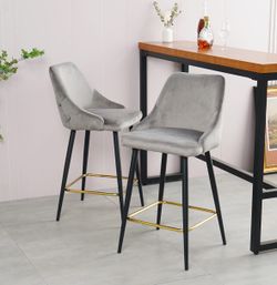 Set Of 2 - Gray Velvet Bar Stools With Gold Legs [NEW IN BOX] **