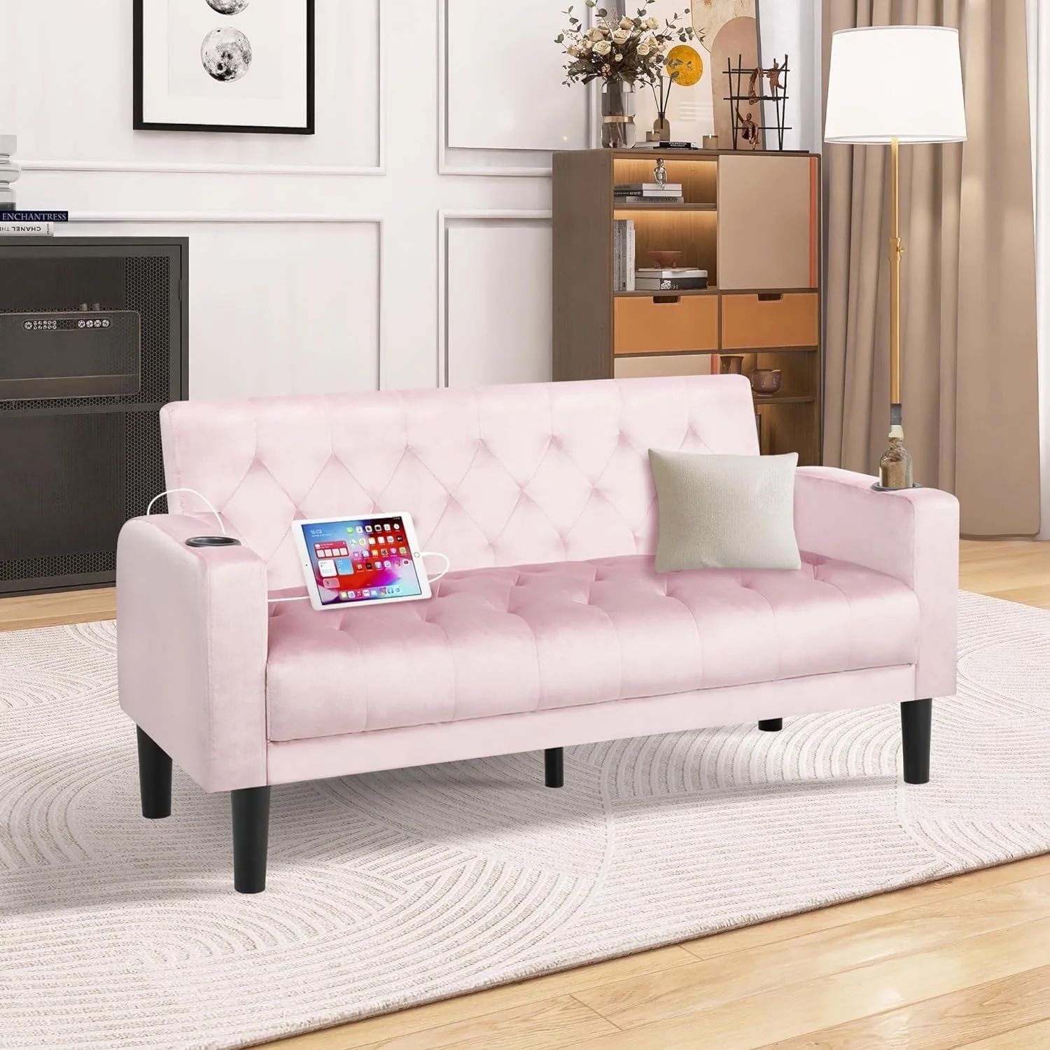 62''W Tufted Linen Fabric Sofa Couch Loveseat w/ 2 USB Charger Ports & Cup Holders Pink