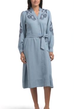Blue Embroidered Midi Shirt Dress with Belt