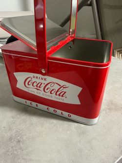 Coca-Cola Metal Picnic Tin Cooler Basket w/ Hinged Lid - Excellent Con