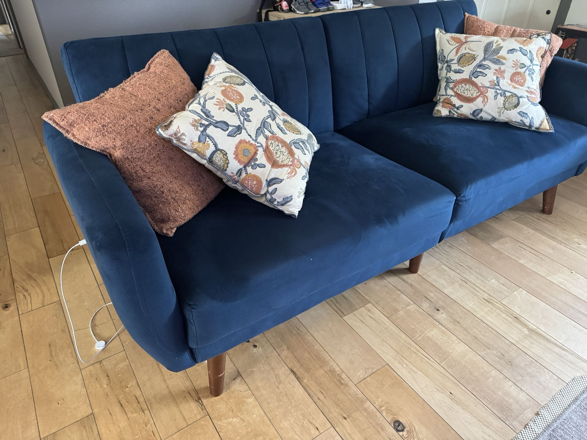 Blue Velvet Convertible Couch / Sofa With 2 USB Ports