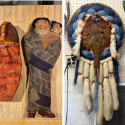 ANTIQUE 100+ YEAR OLD MARY FRANCES WOODS NATIVE AMERICAN DOLL & LARGE VINTAGE PHEASANT DREAM CATCHER