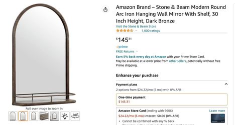 Round Arc Iron Hanging Wall Mirror With Shelf, 30 Inch Height NEW IN BOX