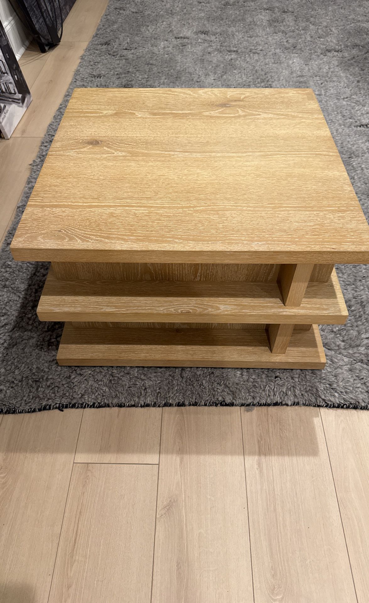 Crate & Barrel Stria Oversized Natural Oak Wood Square End Table with Tiered Shelves