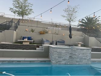 Modern Travertine Stone Outdoor Pedestal Tables w/ Coral Decor – Heavy Poolside Accent Tables $150 both